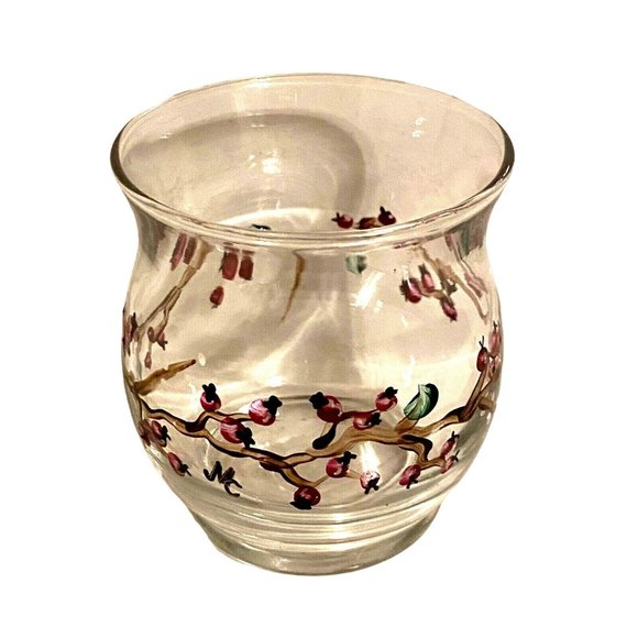 New Handpainted Signed Clear Glass Cranberry Vine Votive Without Candle - Picture 1 of 4